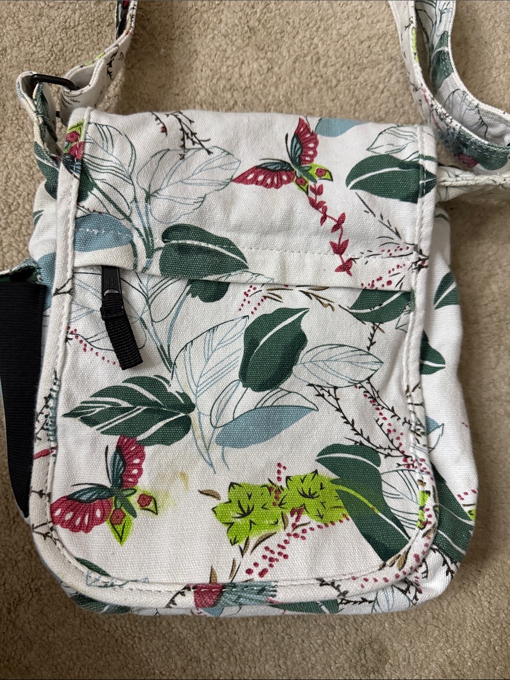 Kavu Floral Canvas Crossbody Bag - White with Green & Pink Accents